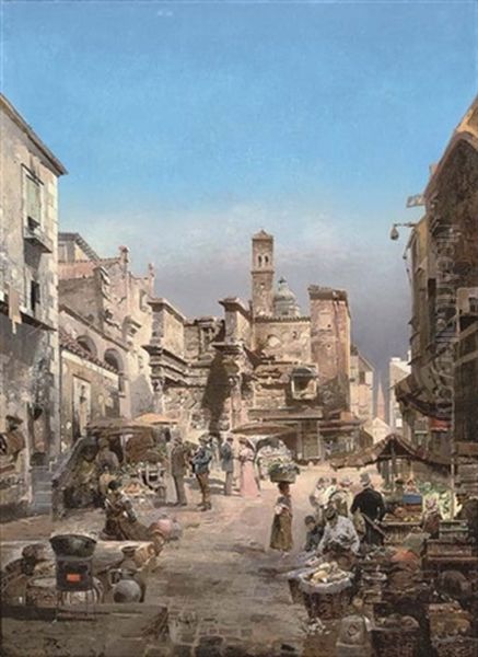 Street Market In Naples Oil Painting by Robert Alott