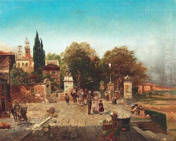 Geschaftiges Treiben Auf Sudlicher Strandpromenade Oil Painting by Robert Alott