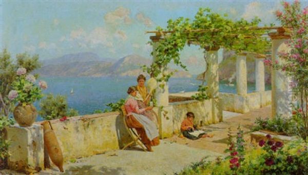 Frauen Und Kind Auf Sonninger Terrasse Uber Der Meereskuste (capri?) Oil Painting by Robert Alott