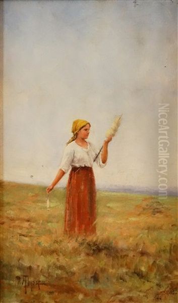 The Girl With Distaff Oil Painting by Juan (Alexandru Paraschivescu) Alpar