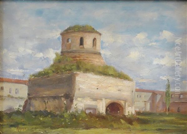 Medieval Construction Oil Painting by Juan (Alexandru Paraschivescu) Alpar