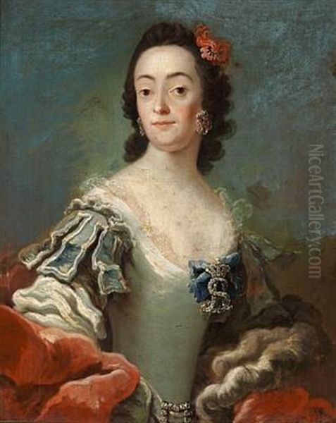 Portrait Of Regitze Sophie Nee Guldencrone In An Evening Gown (+ Portrait Of Holger Skeel, Prefect, In A Red Jacket With The Ribbon Of The Order Of Dannebrog; Pair) Oil Painting by Peder Als