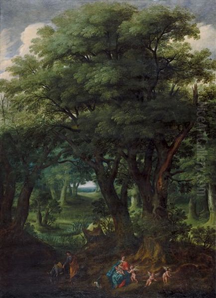 Waldlandschaft Mit Der Rast Der Heiligen Familie Auf Der Flucht Nach Agypten Oil Painting by Denis van Alsloot