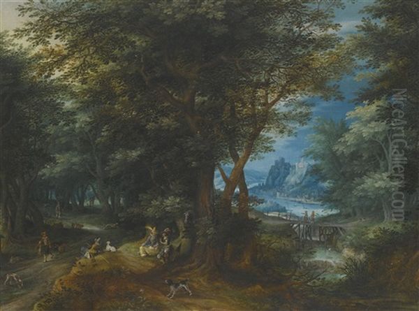 Summer Landscape With A Lady And Gentleman Seated And Sportsmen Returning With Game Oil Painting by Denis van Alsloot