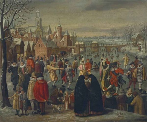 A Winter Landscape With Skaters On A Frozen River Oil Painting by Denis van Alsloot