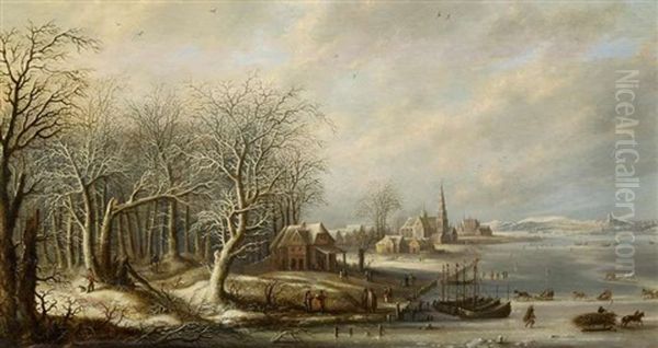 Weite Winterliche Flusslandschaft Mit Blick Auf Eine Hafenstadt Oil Painting by Denis van Alsloot