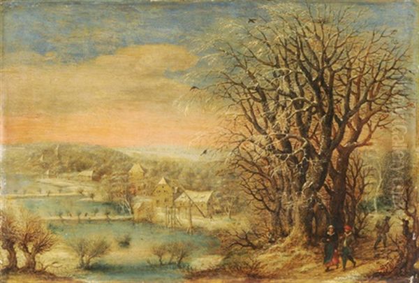 Winterlandschaft Mit Blick Auf Ein Verschneites Dorf Oil Painting by Denis van Alsloot