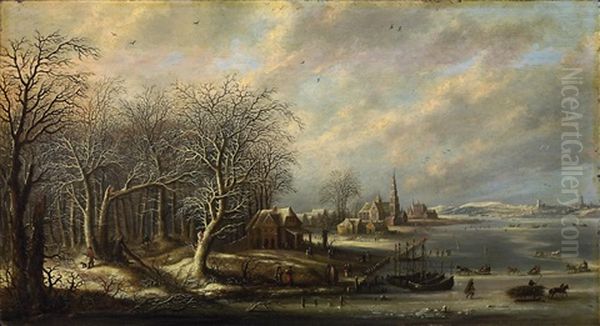 Weite Winterliche Flusslandschaft Mit Zahlreichen Boots- Und Staffagefiguren Oil Painting by Denis van Alsloot