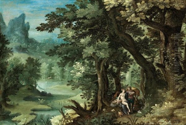 Waldlandschaft Mit Venus, Adonis Und Dem Schlafenden Amor (collab. W/hendrick De Clerck) Oil Painting by Denis van Alsloot