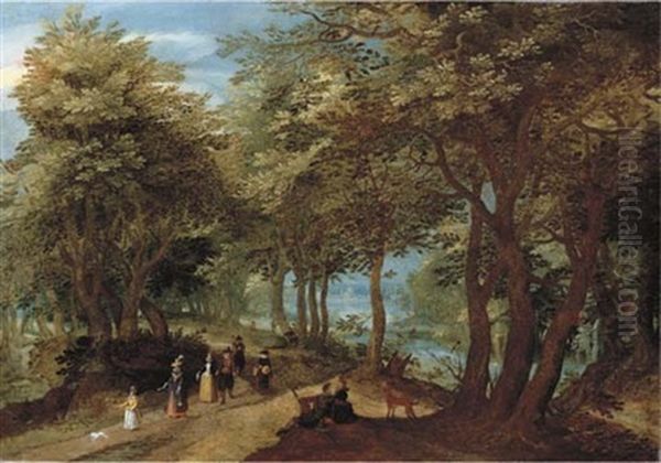 A Wooded Landscape With An Amorous Couple Seated By A Tree And Elegant Company Strolling On A Path Near A River Oil Painting by Denis van Alsloot