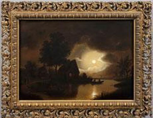 Niederlandische Flusslandschaft Im Mondlicht Oil Painting by Jacobus Theodorus Abels