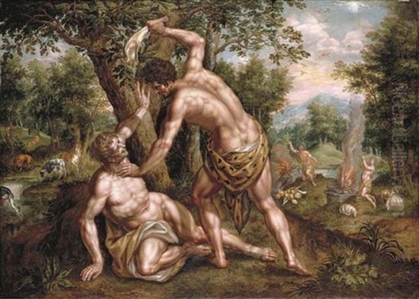 Cain And Abel (collab. W/hendrik De Clerck) Oil Painting by Denis van Alsloot