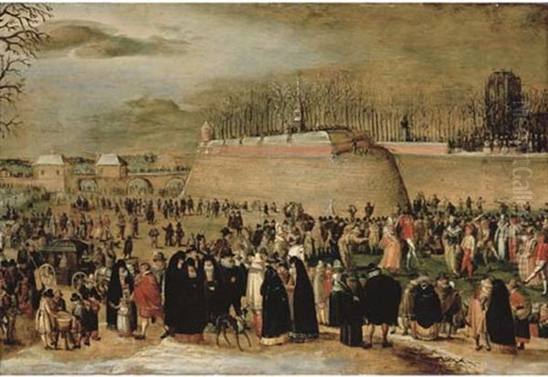 A Winter Carnival With Figures On The Ice Before The Kipdorppoort Bastion In Antwerp Oil Painting by Denis van Alsloot