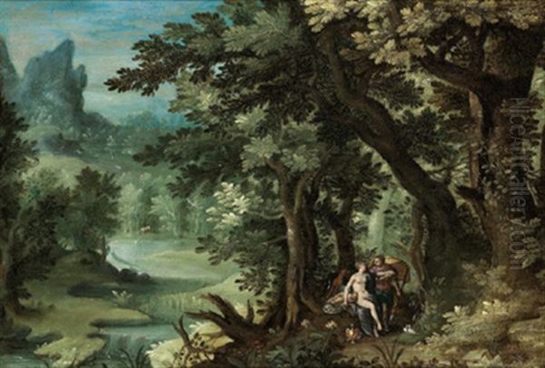 Waldlandschaft Mit Venus, Adonis Und Dem Schlafenden Amor (collab. W/hendrick De Clerck) Oil Painting by Denis van Alsloot