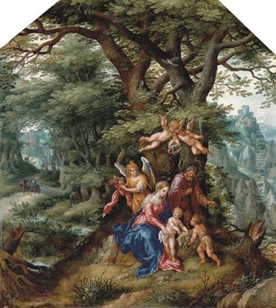 A Wooded Landscape With The Holy Family With The Infant Saint John The Baptist And Attendant Angels, The Flight Into Egypt Beyond (in Collab. W/hendrick De Clerck) Oil Painting by Denis van Alsloot