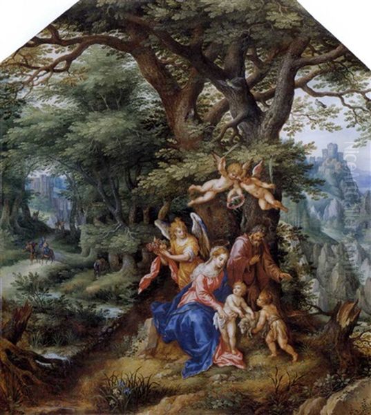 Sacra Famiglia Con San Giovannino E Angeli In Un Paesaggio Boschivo (collab. W/hendrick De Clerck) Oil Painting by Denis van Alsloot