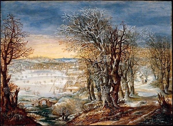 A Winter Landscape In The Foret De Soignes, With The Flight Into Egypt Oil Painting by Denis van Alsloot