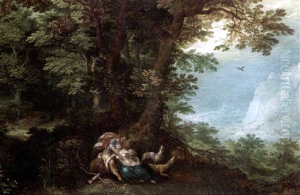 An Extensive Wooded Landscape With Cephalus And Procris Oil Painting by Denis van Alsloot