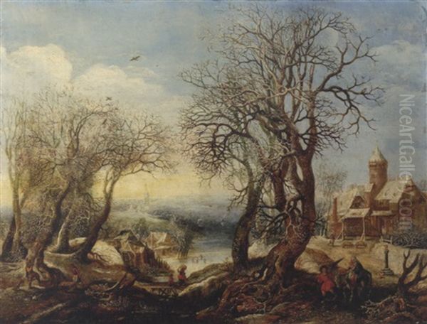 An Extensive Winter River Landscape With The Flight Into Egypt, A Sportsman And His Hound, A Wood Gatherer Trundling A Wheelbarrow And A Peasant Woman And Her Child Crossing A Bridge Oil Painting by Denis van Alsloot