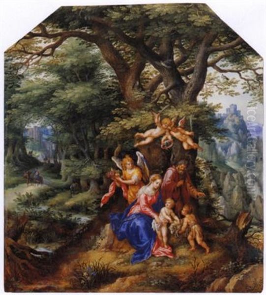 Sacra Famiglia Con San Giovannino E Angeli In Un Paesaggio Boschivo Oil Painting by Denis van Alsloot