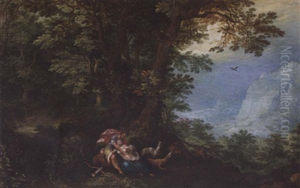 An Extensive Wooded Landscape With Cephalus And Procris Oil Painting by Denis van Alsloot