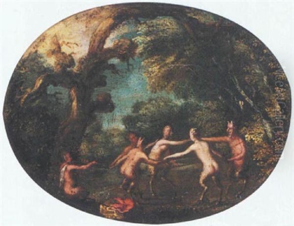 A Wooded Landscape With Satyrs Dancing Oil Painting by Denis van Alsloot