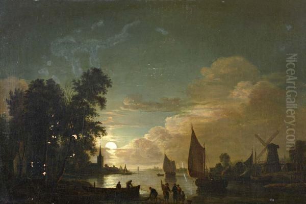 Dorpje En Figuren Aan De Rivier Bij Maanlicht Oil Painting by Jacobus Theodorus Abels