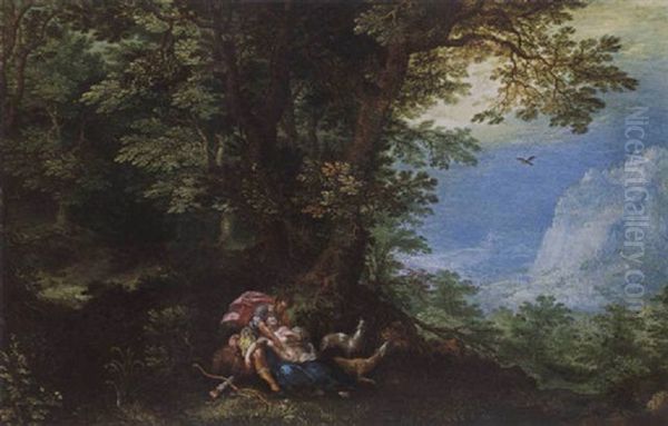 An Extensive Wooded Landscape With Cephalus And Procris Oil Painting by Denis van Alsloot