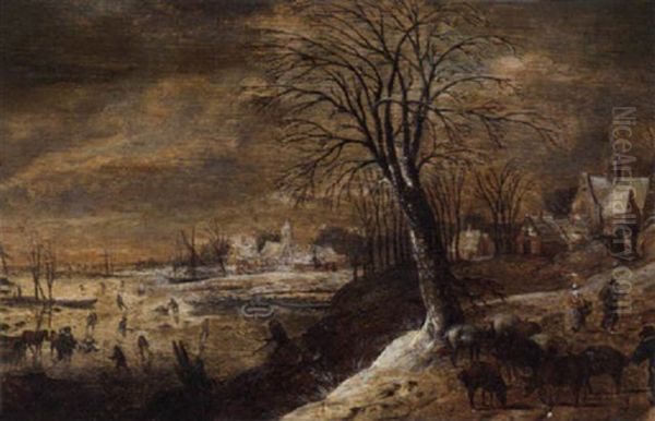 A Winter Landscape With Herders And Other Figures, Skaters On A Frozen River Beyond Oil Painting by Denis van Alsloot