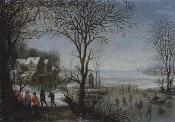 Winter Landscape With Sportsmen And Skaters Near A Village Oil Painting by Denis van Alsloot