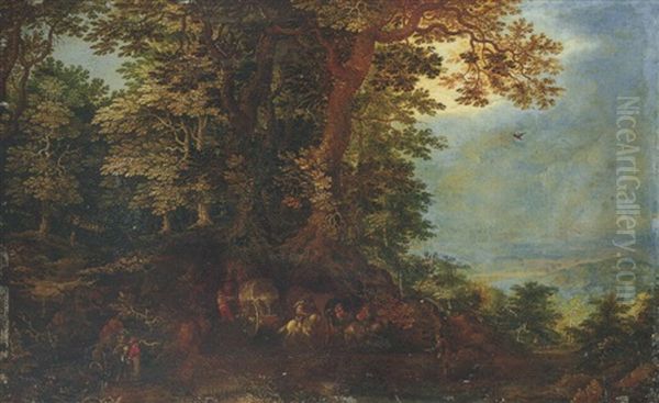 An Extensive Landscape With Travellers And Wagons On A Forest Path Oil Painting by Denis van Alsloot