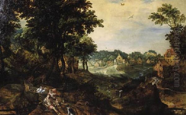 Venus And Adonis On A Country Road, A Village Beyond Oil Painting by Denis van Alsloot