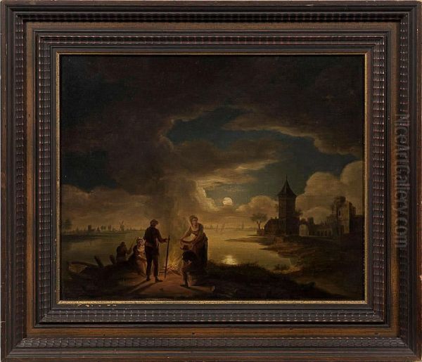 Mondscheinlandschaft Mitfischern Am Lagerfeuer Oil Painting by Jacobus Theodorus Abels