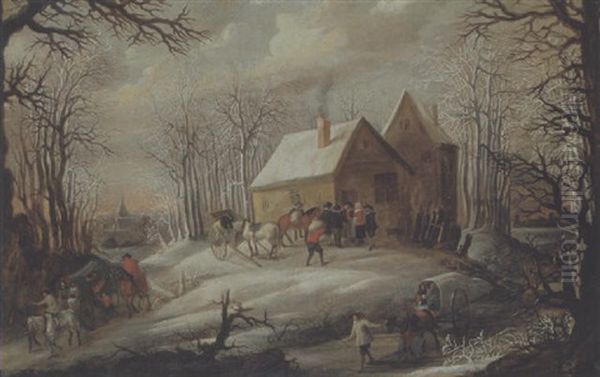 Flamische Winterlandschaft Mit Reisenden Vor Einem Bauernhaus by Denis van Alsloot