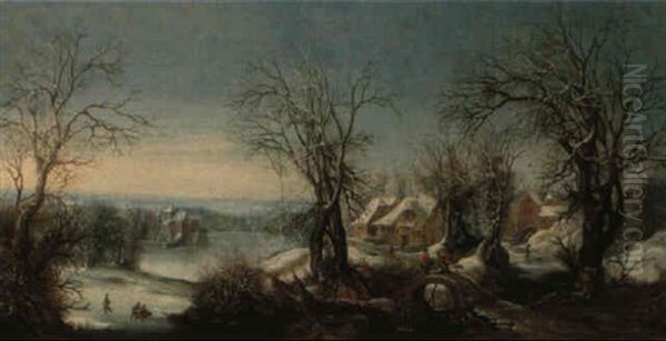 A Winter Landscape With Figures On A Road Near A Village by Denis van Alsloot