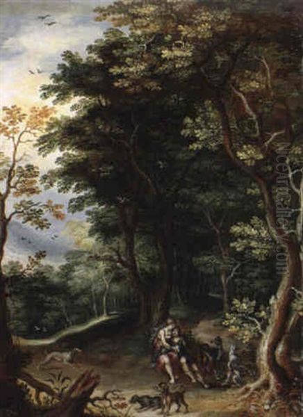 Venus Und Adonis Mit Hunden In Bewaldeter Landschaft Oil Painting by Denis van Alsloot