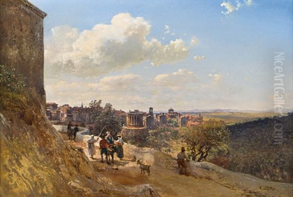 Ansicht Von Tivoli Mit Dem Tempel Der Vesta (fernblick Auf Die Romische Campagna Mit Dem Sabinergebirge Im Hintergrund) Oil Painting by Rudolf von Alt