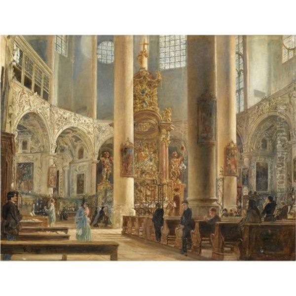 Inneres Der Franziskanerkirche Zu Salzburg-interior Of The Franciscan Church, Salzburg Oil Painting by Rudolf von Alt