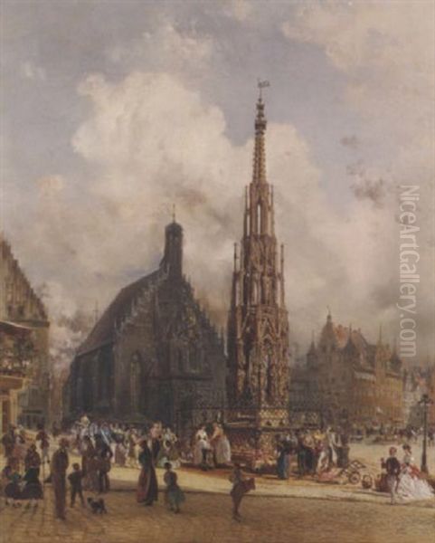 Ansicht Von Nurnberg Mit Dem Schonen Brunnen Und Der Pfarrkirche St. Lorenz Oil Painting by Rudolf von Alt