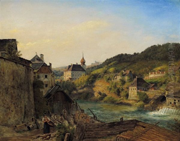 Waidhofen An Der Ybbs, Blick Auf Das Heutige Schloshotel Und Das Ybbsufer Oil Painting by Jacob Alt