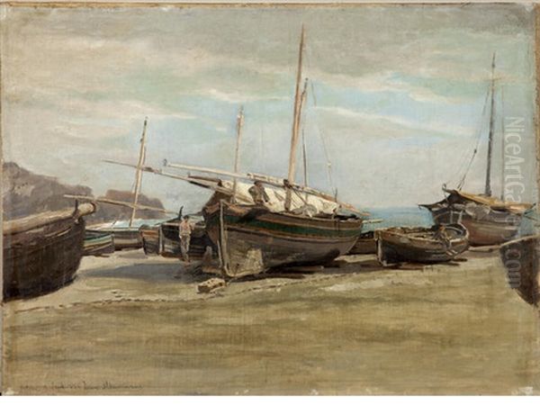 Boats At The Seashore Oil Painting by Jean Altamoura