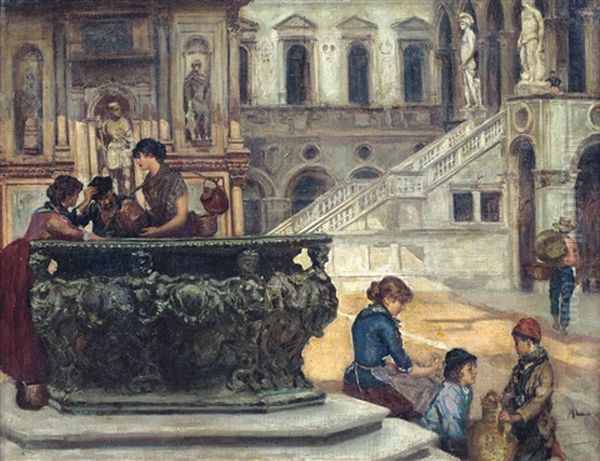 Scena Di Vita Nel Cortile Del Palazzo Ducale Oil Painting by Francesco Saverio Altamura