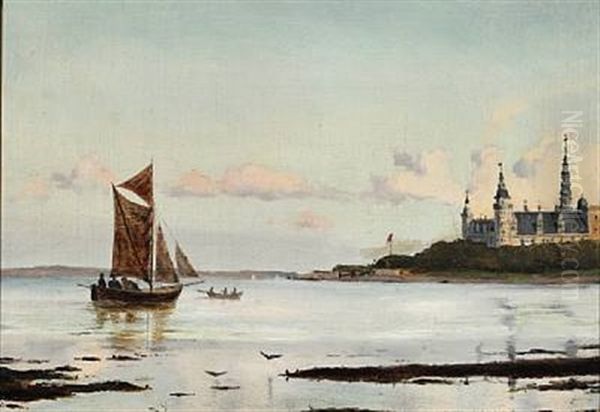 View Of Oresund With Kronborg Castle, In The Foreground Men Rowing Oil Painting by Ioannis (Jean H.) Altamura