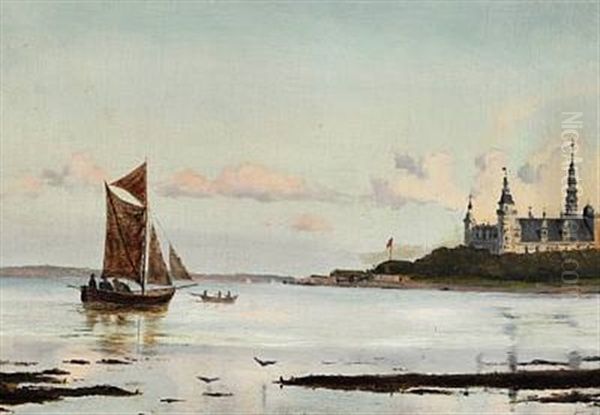 View Of Oresund With Kronborg Castle, In The Foreground Men Rowing Oil Painting by Ioannis (Jean H.) Altamura