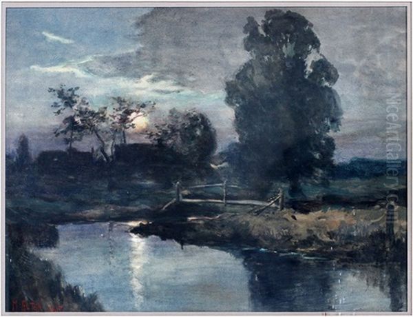 Moonlit River Landscape Oil Painting by Mathias Joseph Alten