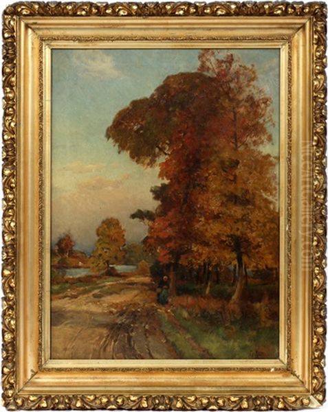 Fall Landscape With Figure On A Road Oil Painting by Mathias Joseph Alten