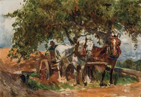 Farmer With Horses And Cart Oil Painting by Mathias Joseph Alten