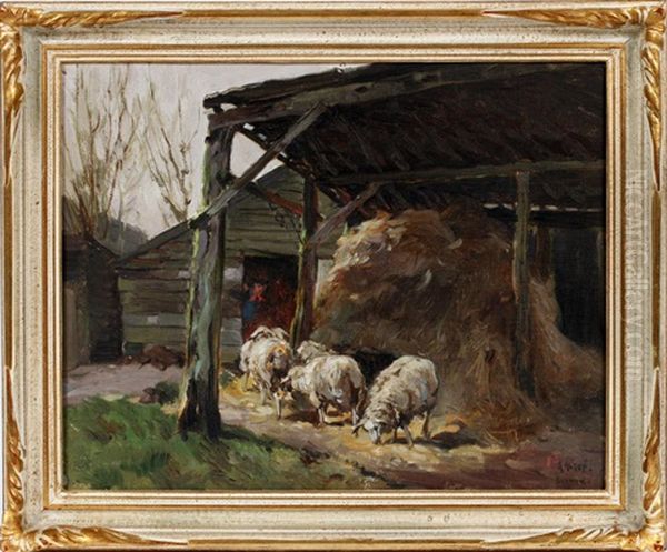 Four Sheep And A Male Figure In A Farm Scene Oil Painting by Mathias Joseph Alten