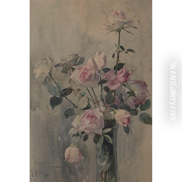 Vase Of Roses Oil Painting by Mathias Joseph Alten