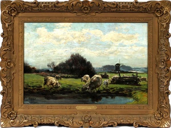 Sheep By Pond With Windmill Oil Painting by Mathias Joseph Alten